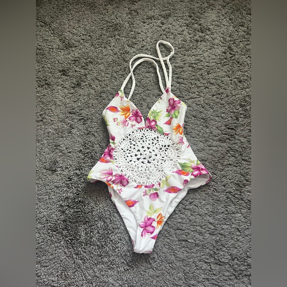 Frankie's Bikinis White Floral Crochet One-Piece